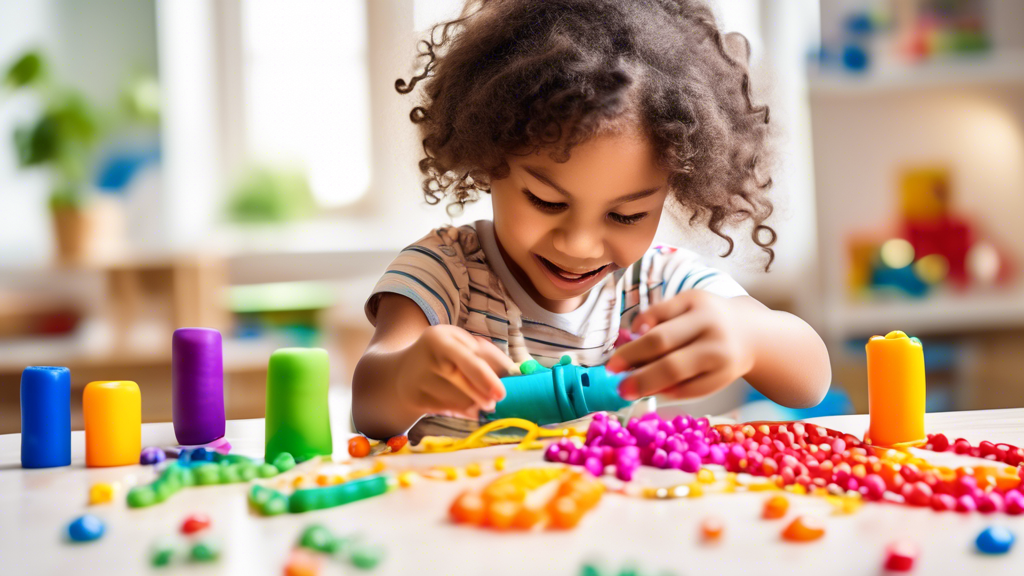 A photograph of a child engaged in a fine motor activity, such as playing with playdough, threading beads, or building with blocks. The image should convey the joy and creativity of these activities, 