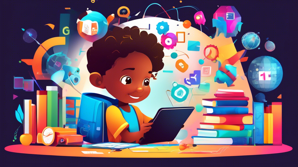 Create an illustration of a young child using a tablet or other digital device for educational purposes, surrounded by elements that represent tech-powered learning, such as books, interactive apps, a