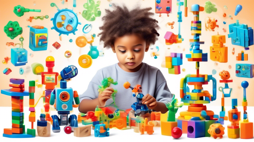 A child with a curious expression, surrounded by various STEM toys, including a microscope, a robot, and building blocks, engaging in hands-on learning and exploration, with a glowing brain representi