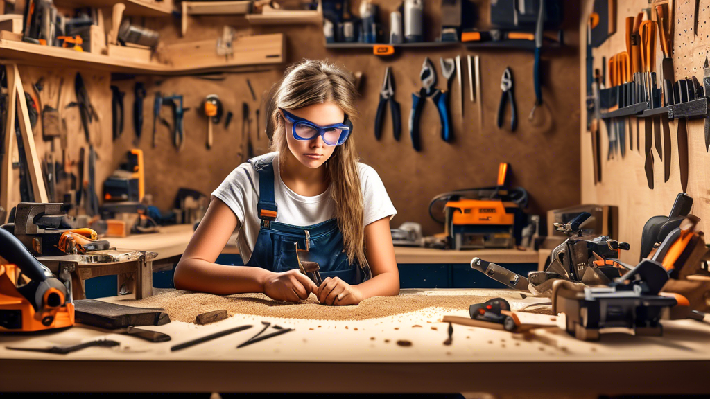 A photorealistic image of a teenage girl sitting at a work bench surrounded by tools and sawdust, laser cutting designs into a piece of wood while using safety glasses and wearing a tool belt. The ima