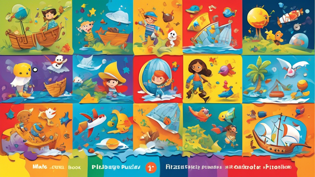 Create an image of a colorful and engaging puzzle book with vibrant illustrations and intriguing problem-solving activities designed for children. Include characters like animals, pirates, and space explorers, all immersed in the joyful challenge of 