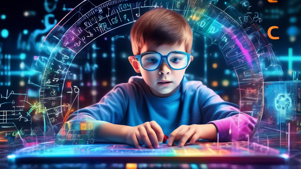 A colorful 3D rendering of a child using math tools like a protractor, ruler, and calculator to solve a complex equation written on a futuristic holographic display, surrounded by floating gears, circ