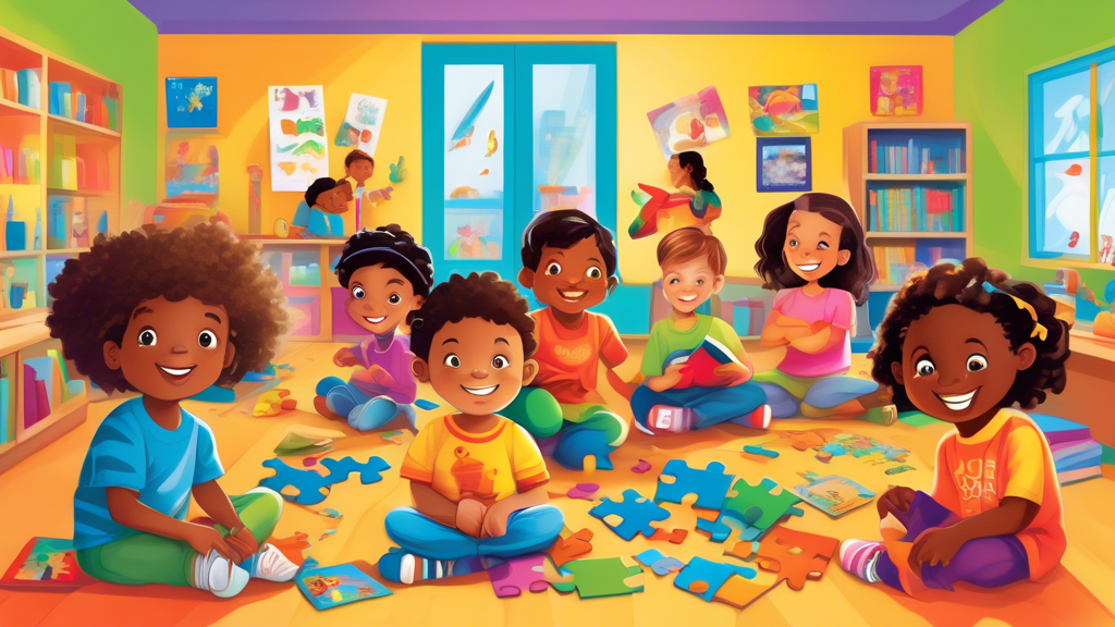 Create an image of a group of children of diverse backgrounds, sitting together in a brightly colored classroom, each child focused on a different educational puzzle. The puzzles are vibrant and engaging, covering various themes such as shapes, anima