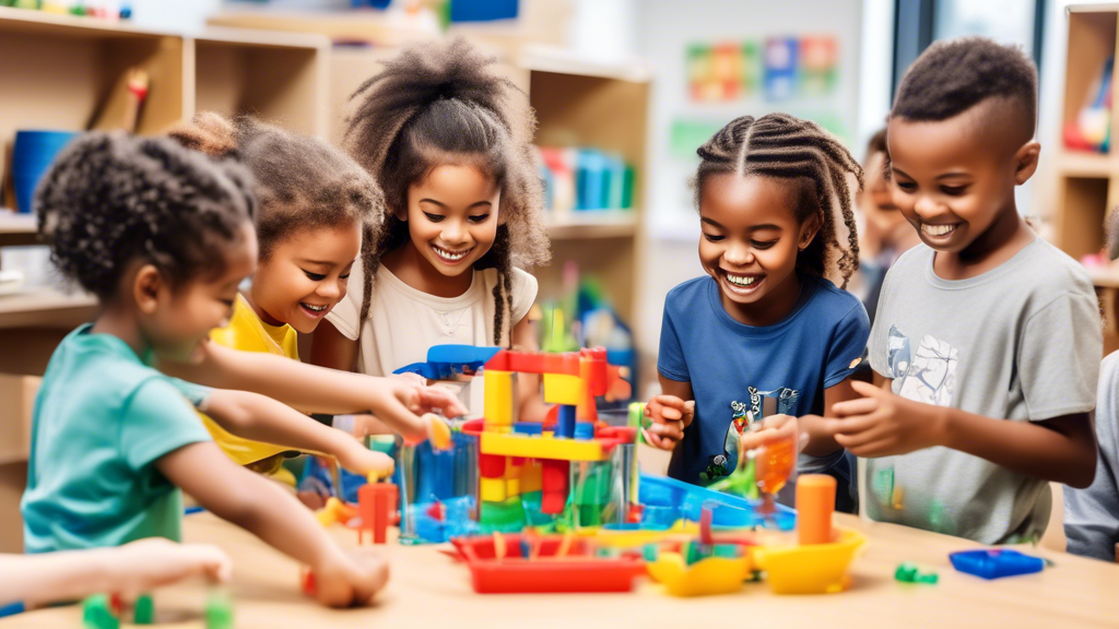 A group of young children in a classroom setting, engaged in various hands-on STEM activities. Some are building with blocks, others are experimenting with magnets, and still others are exploring a wa