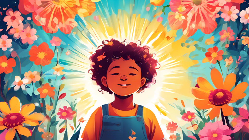 A vibrant and imaginative illustration of a child surrounded by blossoming flowers and a radiating sunbeam, representing the fostering of a growth mindset and the development of resilience and perseve