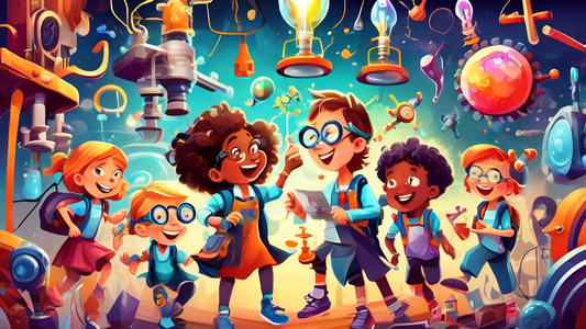 Create an image of a group of excited children exploring a vibrant and imaginative world of science, technology, engineering, arts, and math (STEAM). The children are surrounded by whimsical invention