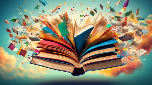 Books floating in mid-air, forming a vibrant portal with words and images swirling within, beckoning a reluctant reader towards a world of stories.