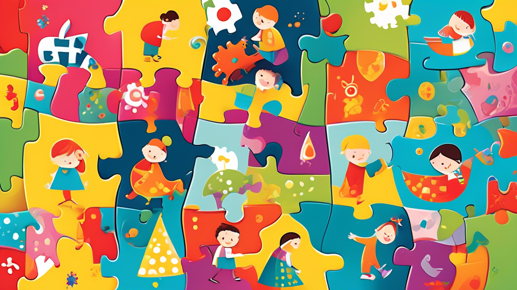 Create an image of a whimsical and colorful puzzle with various shapes and patterns scattered in a playful, child-friendly setting. Include happy and engaged children of diverse backgrounds working together to solve the puzzle, showcasing the joy and