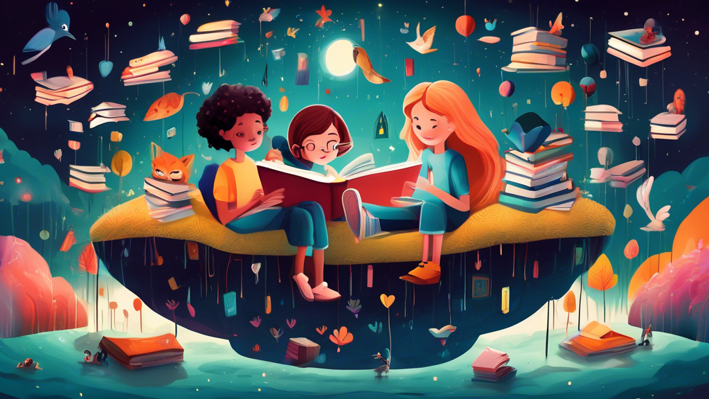 An illustration of a group of children reading books in a cozy and imaginative setting, surrounded by floating books and whimsical characters, fostering creativity and a love of reading.