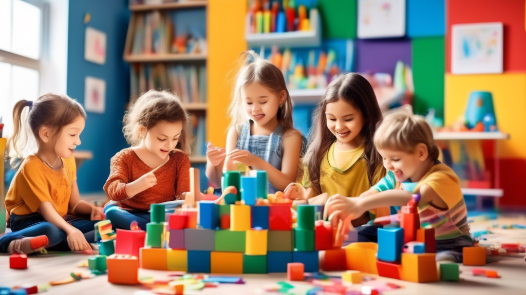 A classroom filled with children engaged in imaginative play, using colorful building blocks, paints, and musical instruments to create a magical and inspiring learning environment.