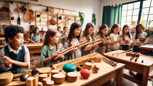 A classroom filled with natural elements and handmade musical instruments, some students are playing with Orff instruments while others are singing and moving to the beat.