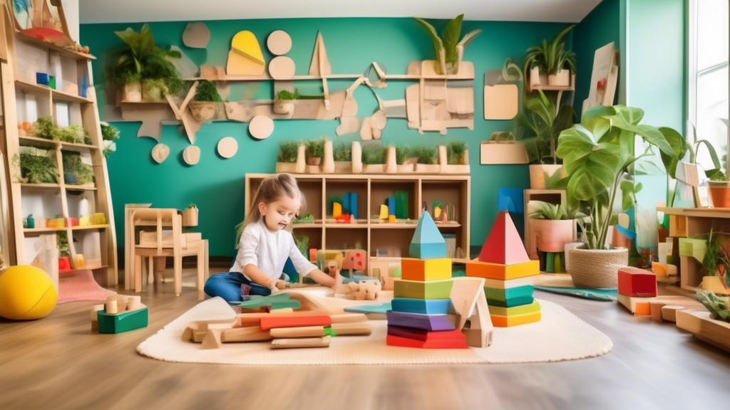 A colorful and creative classroom environment filled with natural elements like wooden toys, plants, and geometric shapes, inspired by Montessori and Waldorf educational philosophies, where children e