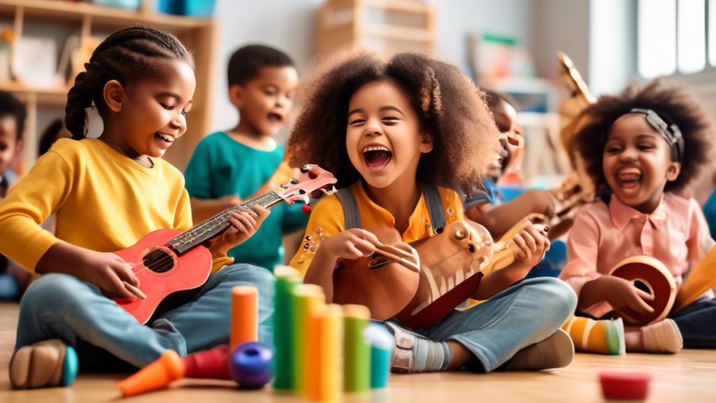 Create an image of a diverse group of young children engaging in various musical activities in a classroom setting. Include elements like colorful musical instruments, kids singing, dancing, and playing together to showcase the power of music in earl