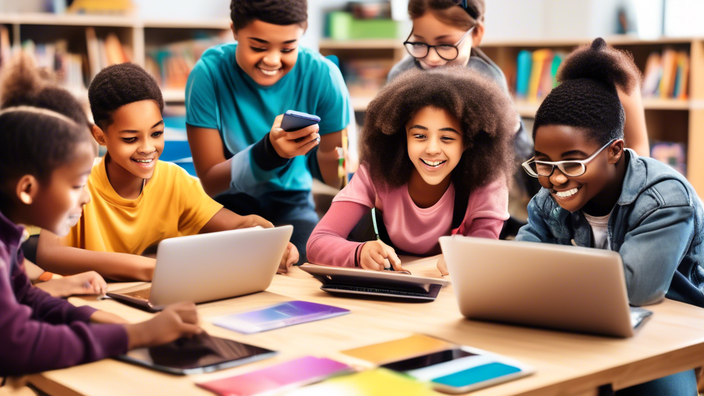 Create an image of a diverse group of students using laptops, tablets, and other STEAM learning tools in a classroom setting. The students should be engaged in hands-on activities and collaborating wi