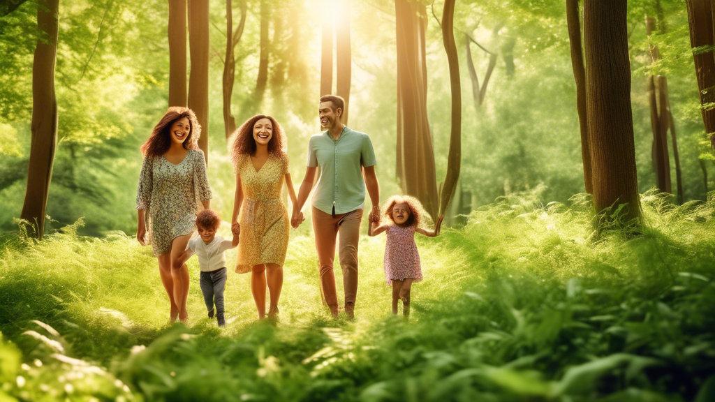 A family of four, holding hands, walking through a lush green forest, sunlight filtering through the trees, smiling faces, laughter in the air