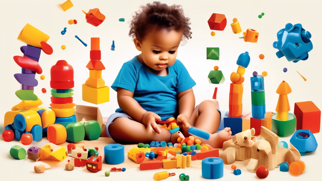 Create an image of a toddler sitting on the floor surrounded by various fine motor toys such as shape sorters, building blocks, and threading beads. The toddler is focused and engaged as they manipulate the toys, showcasing the importance of fine mot