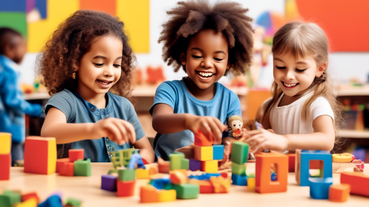 A group of children engaged in various play-based learning activities in a classroom setting, such as building blocks, playing with puppets, and exploring a sensory table. The image should convey the 