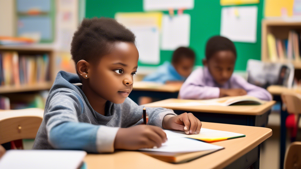 A child sitting at a desk in a classroom, surrounded by books and educational materials. The child is using a computer to access personalized reading interventions. The image should convey a sense of 