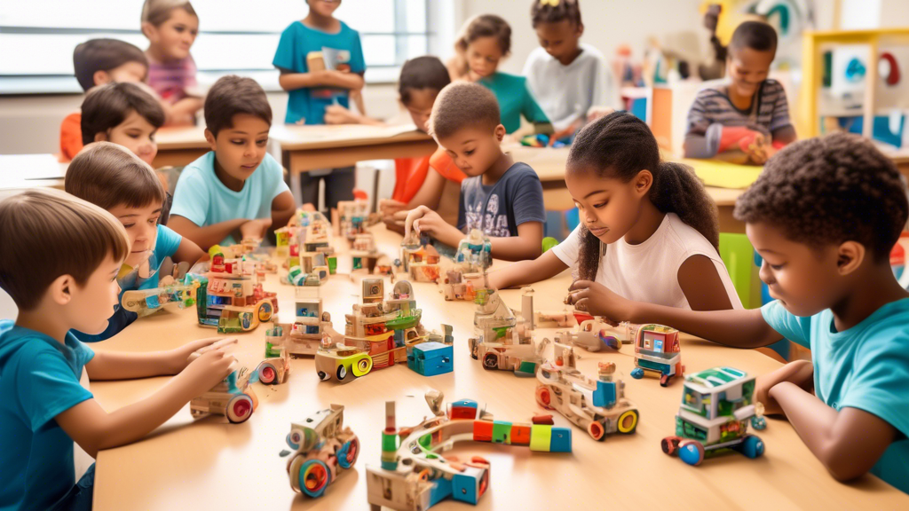 A classroom filled with children engaging with educational toys designed to stimulate critical thinking, problem-solving, and creativity. The toys include puzzles, building blocks, coding robots, and 