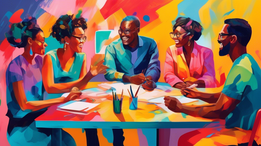 A painting of a group of people gathered around a table, brainstorming and sharing ideas. The people are diverse in age, ethnicity, and gender. They are all engaged in the discussion, and their faces 