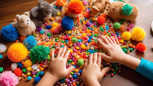 A child's hands exploring a sensory bin filled with colorful, textured objects, such as beans, rice, pom poms, and toy animals. The bin is set on a wooden table in a brightly lit room.