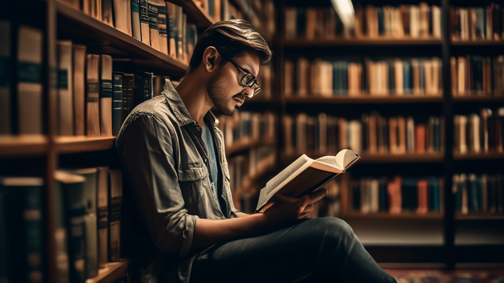 A stunning photograph of a person sitting in a library surrounded by books, deeply engaged in reading with a thoughtful expression. The image should convey concepts of critical thinking, comprehension