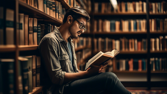 A stunning photograph of a person sitting in a library surrounded by books, deeply engaged in reading with a thoughtful expression. The image should convey concepts of critical thinking, comprehension