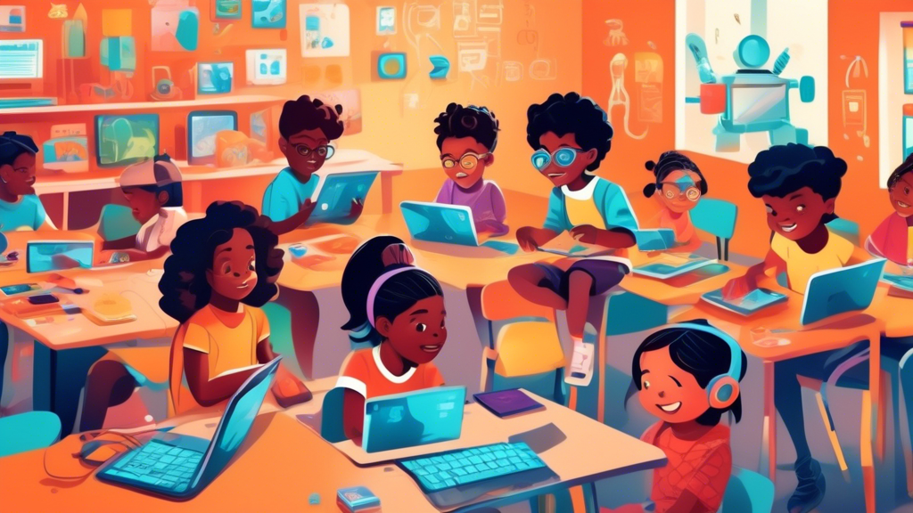 A vibrant illustration of a diverse group of young children in a classroom setting, surrounded by age-appropriate technology including tablets, laptops, and interactive screens. The children are shown