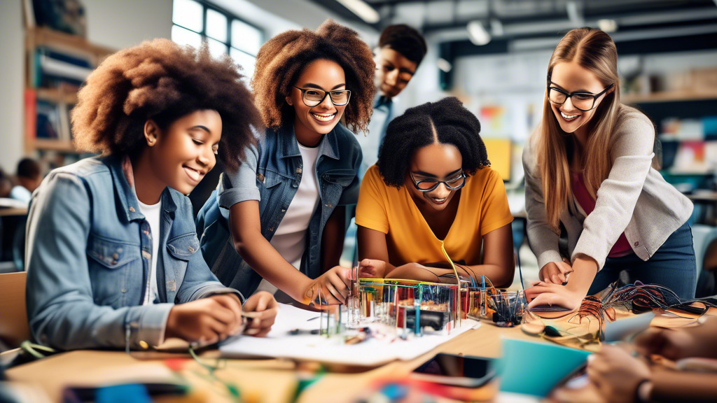 Generate an image of a group of diverse students working together on a STEM project in a collaborative classroom setting, with modern technology and resources available. The image should convey excite