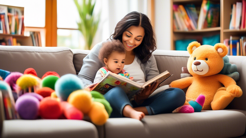 A nurturing and stimulating environment filled with rich language experiences for an infant or toddler, such as a parent reading a book to their child while sitting on a cozy couch, surrounded by colo