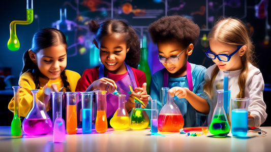 A vibrant and dynamic image showcasing a diverse group of children engaged in hands-on STEM experiments. The scene should be filled with colorful beakers, bubbling liquids, glowing circuits, and magni