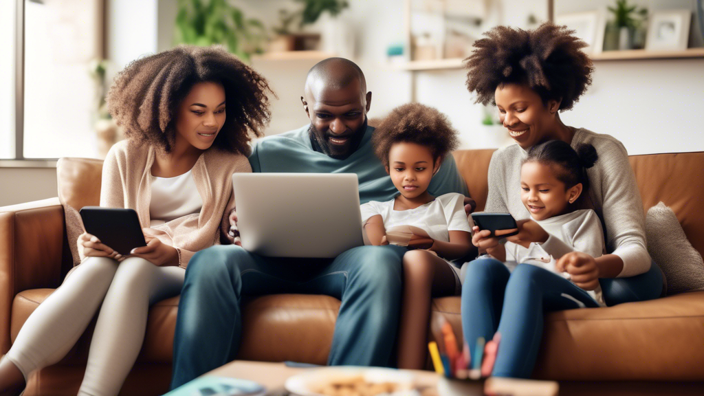 A family of four, sitting on a couch in their living room, using a variety of electronic devices, including a laptop, tablet, and smartphone. The parents are looking at their devices, while the childr