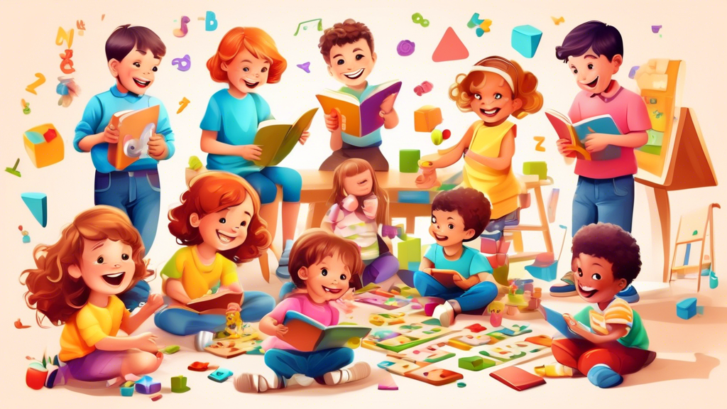 A playful scene of children of different ages engaged in various educational activities designed to enhance memory, such as playing memory-matching games, solving puzzles, and reading books together. 