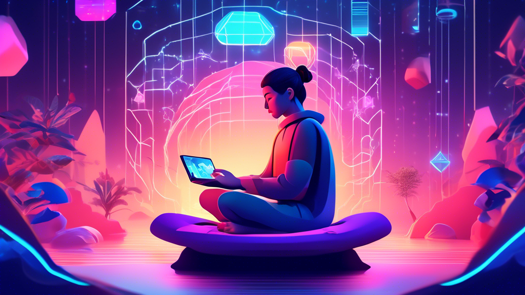 An illustration of a person sitting in a meditative pose, surrounded by a serene environment and digital interfaces representing mindfulness and gaming elements, conveying the concept of Mindful Gamin