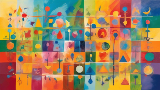 A colorful and abstract painting depicting the key educational principles and practices of both Montessori and Waldorf teaching philosophies, side-by-side, highlighting their similarities and differen
