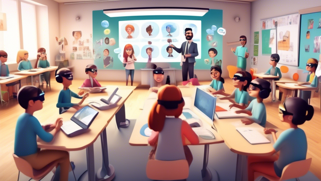 A panoramic view of a virtual classroom with students and teachers interacting in a 3D virtual environment, where students are represented by cartoonish avatars and the teacher is using a digital whit