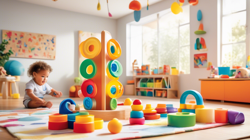 Create an image of a colorful array of top fine motor skill toys for toddlers, including stacking rings, shape sorters, peg boards, and more, displayed in a bright and inviting playroom setting. Each toy should be showcased in a way that highlights i