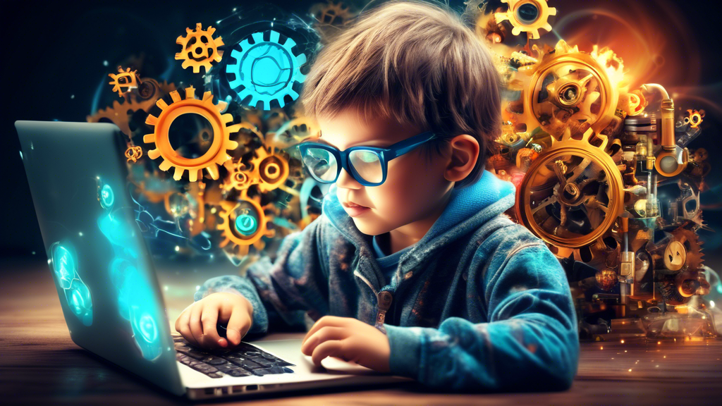 Create an inspiring digital art of a child using a laptop, surrounded by gears, light bulbs, and books, symbolizing the power of STEAM education in building a bright future.