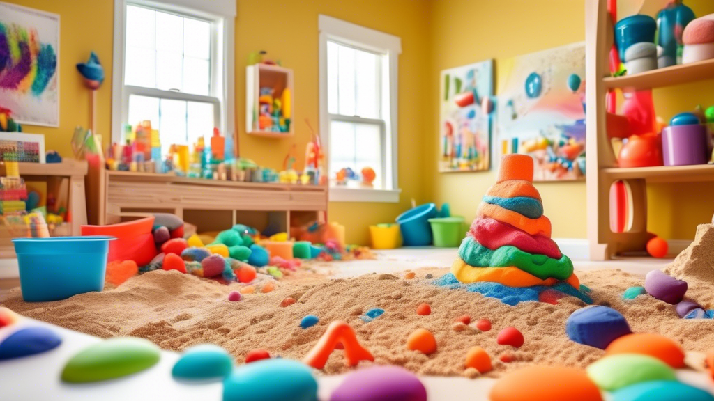 A vibrant and interactive playroom filled with various sensory play tools such as colorful playdough, sand, water beads, tactile toys, and kinetic sand, inviting young children to explore and engage i