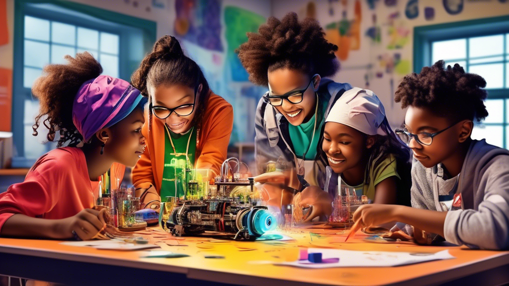 **DALL-E Prompt:**

A vibrant and dynamic scene featuring a diverse group of students engaged in a collaborative STEAM project. Show them brainstorming ideas, experimenting with materials, and using c