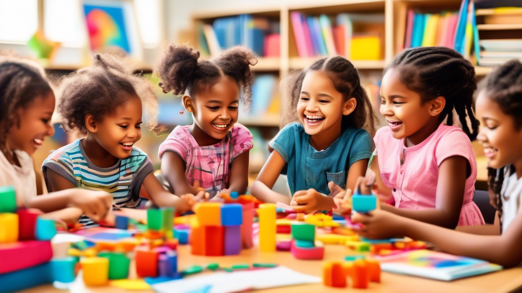 A vibrant classroom scene where children are actively engaged in hands-on literacy activities, surrounded by colorful books, manipulatives, and supportive teachers. The image should convey the joy and