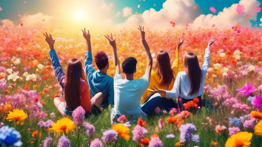 A group of students sitting on a vibrant meadow, surrounded by blooming flowers, reaching up to the sky, symbolizing the growth mindset and potential of students.