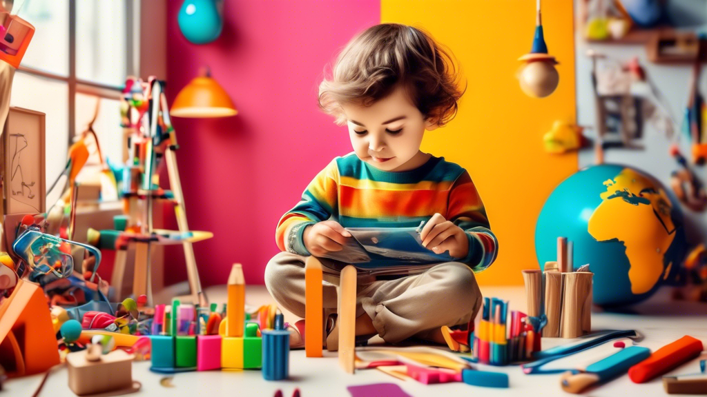 A child playing and learning in a colorful and imaginative environment, surrounded by various educational tools and objects that spark curiosity and creativity.