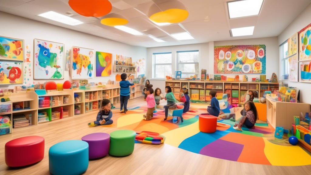 A vibrant and joyful classroom filled with preschoolers engaged in various playful learning activities. The children are laughing, creating, and exploring, fostering their cognitive, social, and emoti