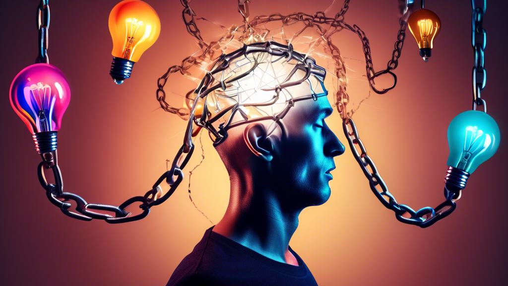 A lightbulb shaped person breaking chains around their mind and unleashing their potential