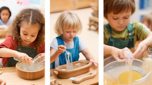 A composite image of two different scenes:

- One scene shows a Montessori classroom where children are engaged in sensory exploration activities, such as pouring water from one container to another, 