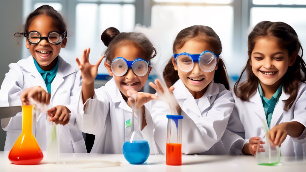 A photo of a group of children in an after-school program participating in a hands-on science experiment, with steam rising from the experiment. The children are wearing safety goggles and lab coats, 