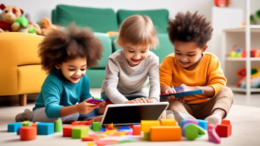A group of preschoolers interacting with a digital tablet, learning through play and creativity, surrounded by engaging and educational toys and activities.