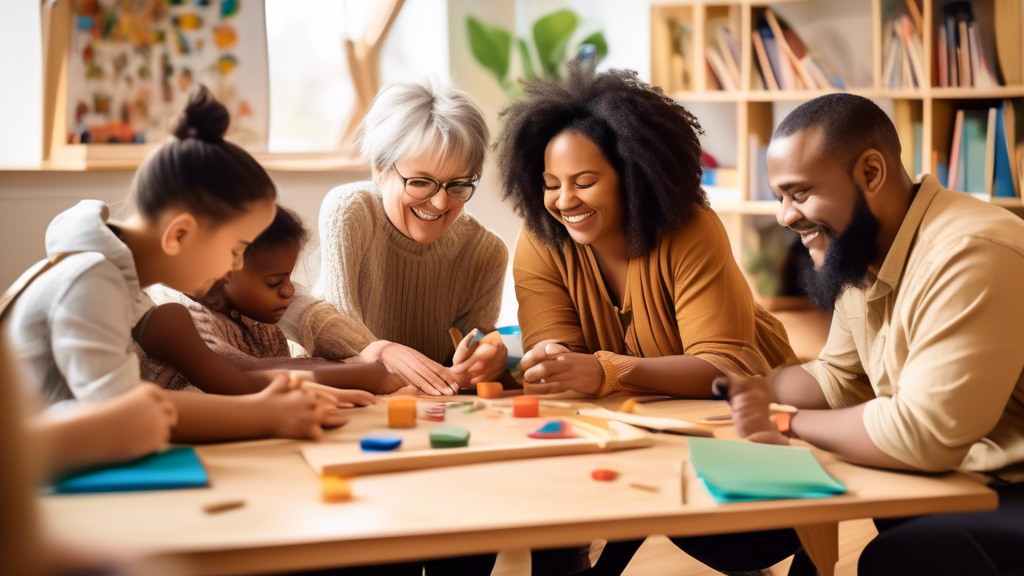 A depiction of parents and educators collaborating in a classroom setting, using materials and techniques inspired by Montessori and Waldorf philosophies. The image should capture the spirit of empowe