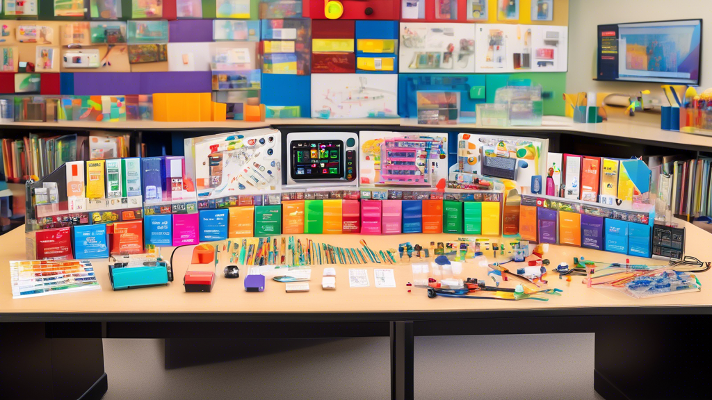 A colorful display of STEM kits, each containing various electronic components, building blocks, and instruction manuals, arranged on a table in a classroom setting. The kits are designed to provide h